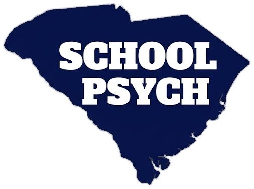 A navy South Carolina silhouette with the words School Psych
